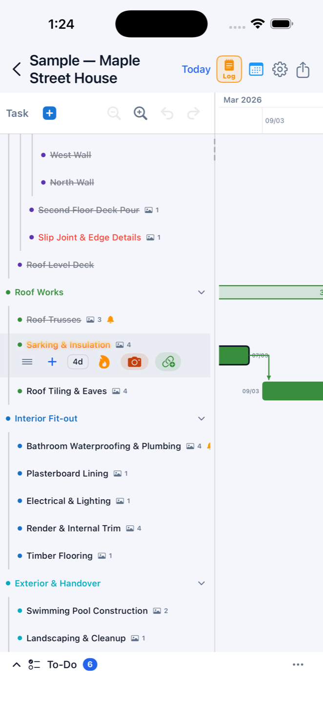 Construction Gantt — schedule of a house build on iPhone